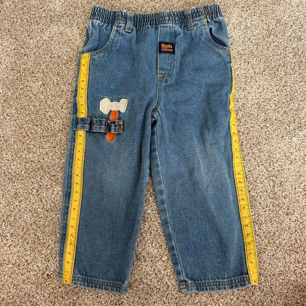 Vtg Bob The Builder Toddler 3T Denim Cargo Jeans Y2K Ruler Hammer Patch Kidcore